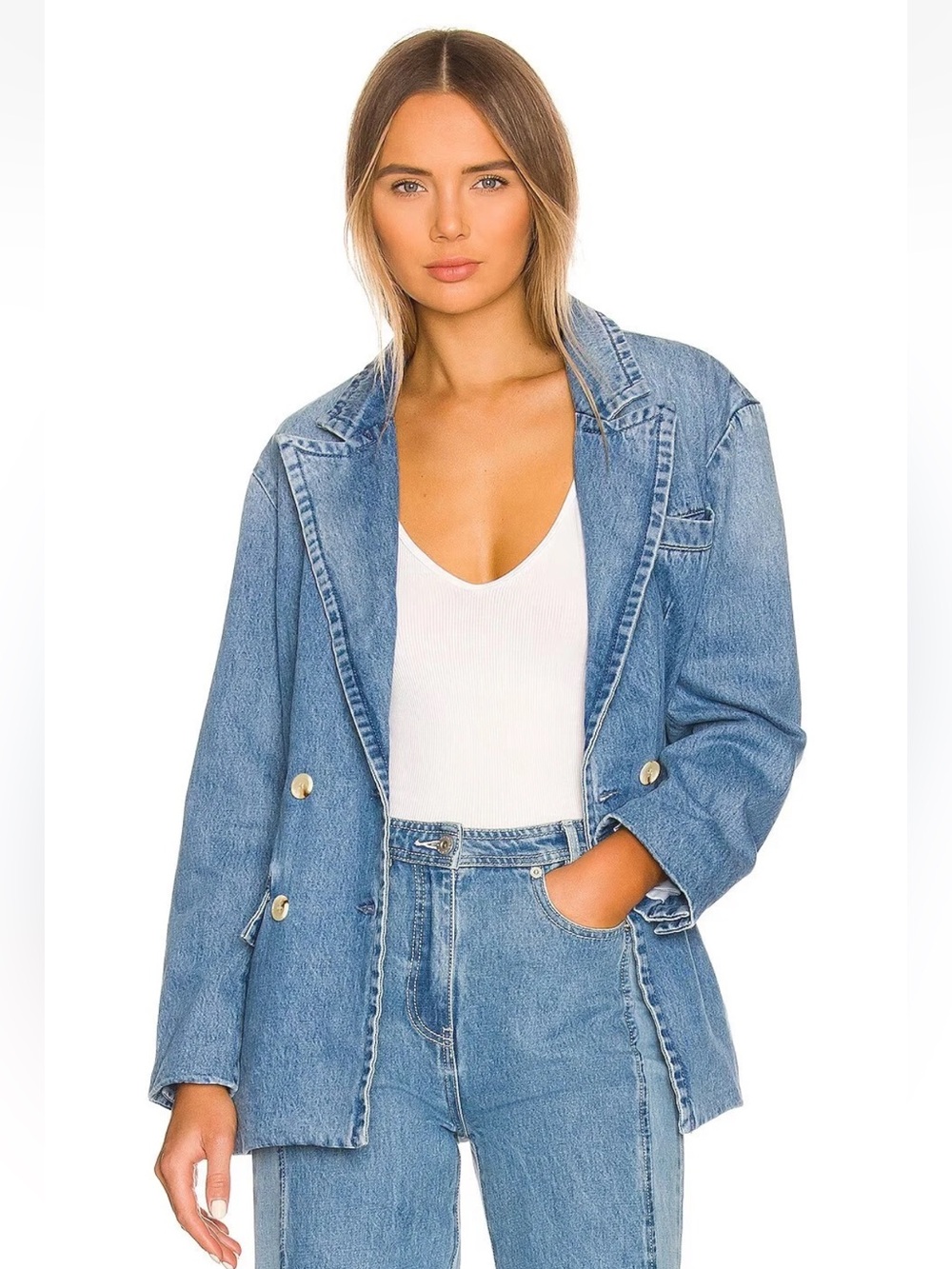 Something Navy denim blue blazer jacket size small